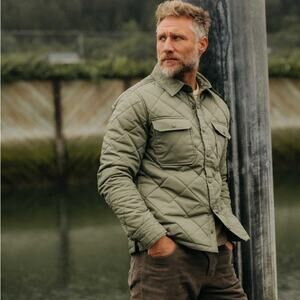 Taylor Stitch The Miller Quilted Shirt Jacket in Smoked Olive Dry Wax, Size 40